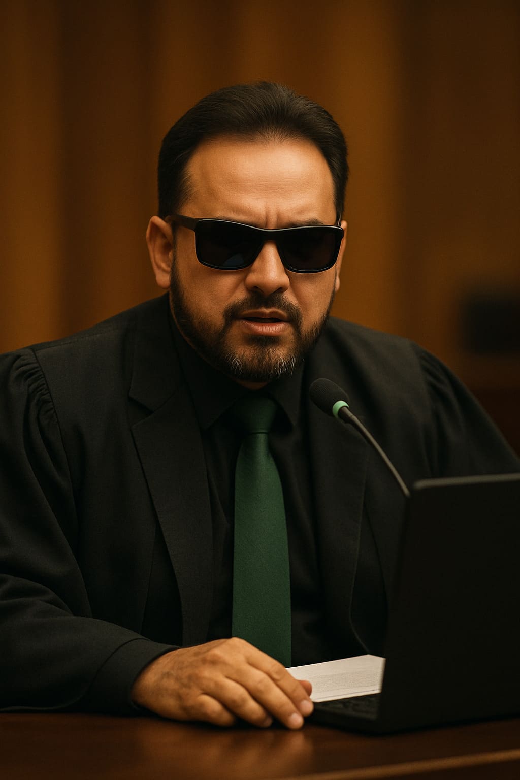 Dr. Java no tribunal, de terno preto e gravata verde, falando ao microfone